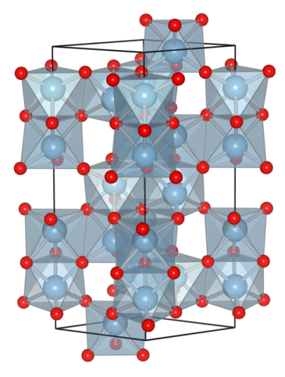 The corundum structure of ruby (and other sapphires). Blue spheres: aluminium; red spheres: oxygen. (ICSD-10425; drawn using VESTA)