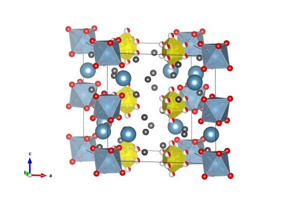 The crystal structure of Ettringite The big blue atoms are calcium, the red oxygen, the light blue atoms are aluminum, the yellow are sulfur and the dark grey atoms indicate the positions of water molecules. Image generated by the VESTA (Visualisation for Electronic and STructural Analysis) software http://jp-minerals.org/vesta/en/