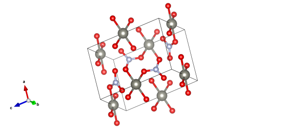 Zinc atoms are grey, nitrogen light blue and the red atoms represent oxygen (some of which will be the centre of water moleucles.)