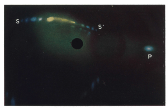 Figure 5. Light diffraction image of an opal obtained using a Mercury – Cadmium spectral lamp. From: Sanders (1968) Acta. Cryst. A 24 (427 – 434)