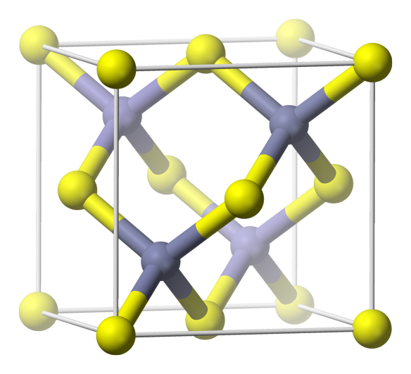 The cubic crystal structure of zincblende or sphalerite 