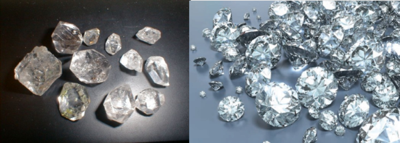 Images of both uncut (l) and cut (r) diamonds