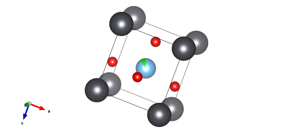 Grey spheres represent lead atoms and the red spheres oxygen atoms. The atom in the middle is titanium 90% of the time, and zirconium the other 10%. Image generated by the VESTA (Visualisation for Electronic and STructural analysis) software http://jp-minerals.org/vesta/en/