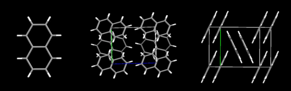 Three views of the Naphthalene molecule. From left to right are the molecule itself, then two direction in the high-pressure crystal structure. Image generated by the Mercury crystal structure visualisation software http://www.ccdc.cam.ac.uk/Solutions/CSDSystem/Pages/Mercury.aspx