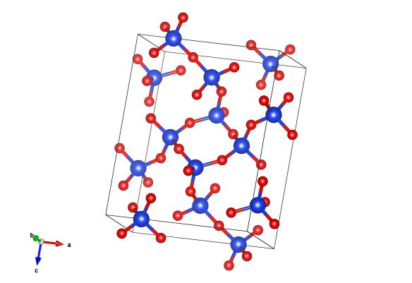 Blue atoms are silicon and red are oxygen. Image generated by the VESTA (Visualisation for Electronic and STructual analysis) software http://jp-minerals.org/vesta/en/