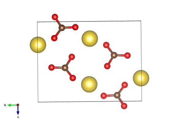 Yellow atoms are sodium, red are oxygen and the brown are carbon atoms. As this structure was found by x-ray diffraction no-one is quite sure where the hydrogen atoms are. Image generated by the VESTA (Visualisation for Electronic and STructural analysis) software http://jp-minerals.org/vesta/en/