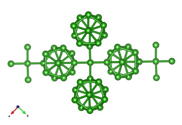The arrangement of 12-atom boron clusters in the alpha-tetragonal boron structure. Image generated by the VESTA (Visualisation for Electronic and STructual analysis) software http://jp-minerals.org/vesta/en/