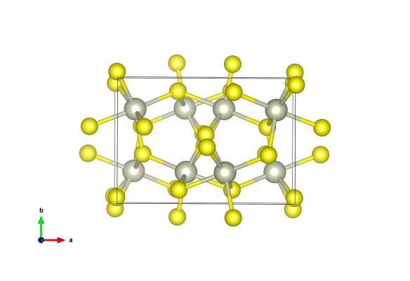 The crystal structure of Bowieite, the rhodium atoms are grey and sulfur atoms are yellow. Image generated by the VESTA (Visualisation for Electronic and STructual Analysis) software http://jp-minerals.org/vesta/en/