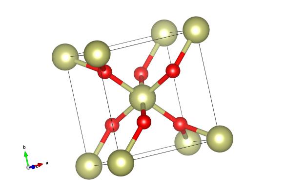 Iridium Oxide, a rutile-type structure. Here the yellow atoms are Iridium and the red oxygen. Image generated by the VESTA (Visualisation for Electronic and STructual Analysis) software http://jp-minerals.org/vesta/en/