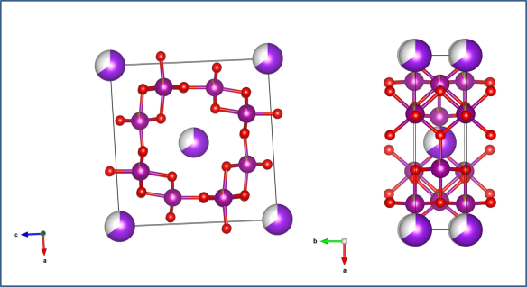 Two views of the cryptomelane structure, showing how the manganese oxide (maroon and red atoms) make a channel for other elements (in this case the larger purple potassium) to sit in. Image generated by the VESTA (Visualisation for Electronic and STructual Analysis) software http://jp-minerals.org/vesta/en/ 