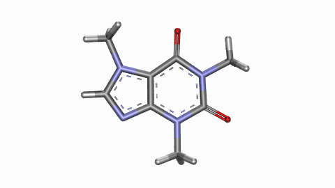 The crystal structure of Caffeine. The carbon atoms are grey, the oxygen atoms are red, the nitrogen atoms are blue and the hydrogen atoms are white. Images generated using POV-Ray (The Persistence of Vision Ray-Tracer; www.povray.org) and complied with VideoMach (www.gromada.com/videomach/).