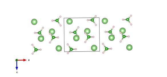 Crystal structure of lithium boro-hydride, the light green atoms are lithium, dark green boron and pink are hydrogen. Image generated by the VESTA (Visualisation for Electronic and STructual analysis) software http://jp-minerals.org/vesta/en/