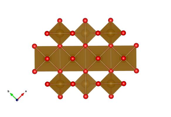 The structure of magnetite, the gold atoms (and shapes) are the iron and the red atoms are the oxygen. Image generated by the VESTA (Visualisation for Electronic and STructural analysis) software http://jp-minerals.org/vesta/en/