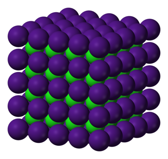 The arrangement of caesium chlorite, the purple atoms are caesium and green chlorine. 