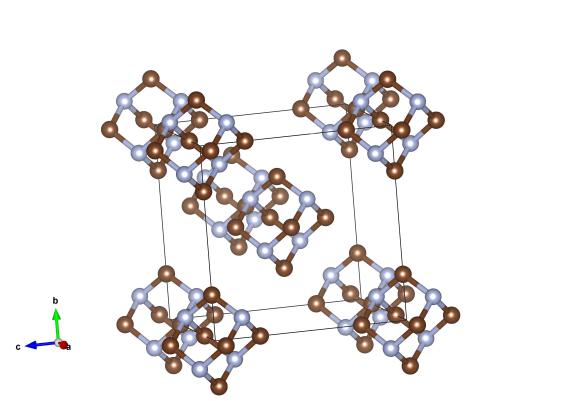 Here the brown atoms are carbon, and the light blue atoms are nitrogen atoms. Image generated by the VESTA (Visualisation for Electronic and STructual Analysis) software http://jp-minerals.org/vesta/en/