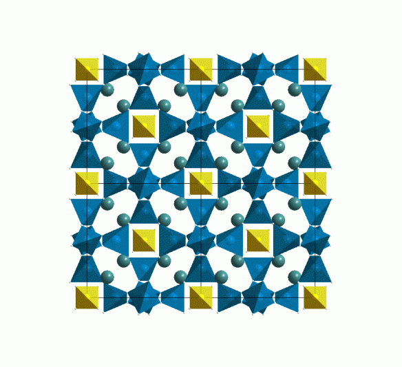 Figure 1. Lazurite structure. Si/Al are blue, Na is green, S is yellow and O white. Picture made using Diamond crystal structure visualisation software.