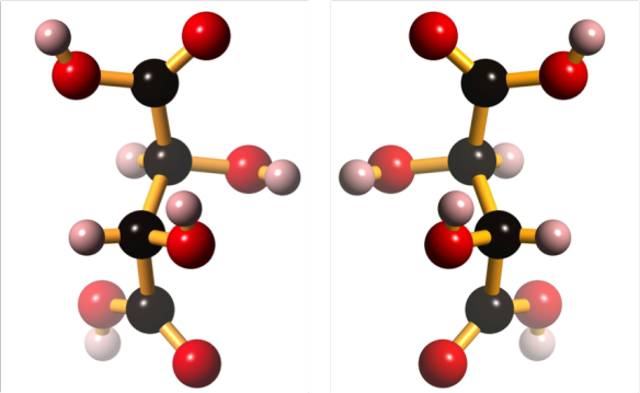 The structure of D-tartaric acid (left) and its mirror image, L-tartaric acid (right).