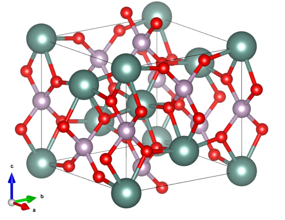 Yttrium orthophosphate, the main component of xenotime. Yttrium atoms are shown in green, phosphorus in purple, and oxygen in red. Image generated using the VESTA (Visualisation for Electronic and STructural Analysis) software http://jp-minerals.org/vesta/en/