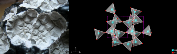 (Left) photo from R.Weller/Cochise College. a-cristobalite located in a large vesicle in obsidian. 3.5 miles from Mono Lake, California. (Right) Crystallographic representation generated with Diamond.