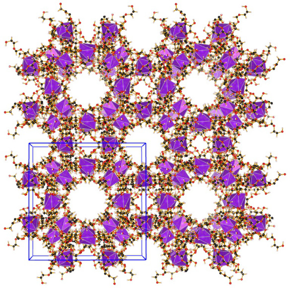 An edible cyclodextrin-based metal-organic framework (CD-MOF-1). The purple polyhedra represent the potassium ions which are surrounded by eight oxygen atoms. Image generated using the VESTA (Visualisation for Electronic and STructual Analysis) software http://jp-minerals.org/vesta/en/