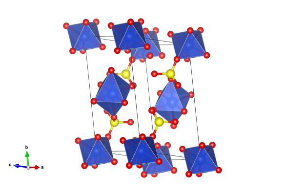 The crystal structure of copper sulfate pentahydrate, without the hydrogen positions as determined by Beevers. The blue atoms are copper, the red oxygen and the yellow are sulfur. Image generated by the VESTA (Visualisation for Electronic and STructual Analysis) software http://jp-minerals.org/vesta/en/ 