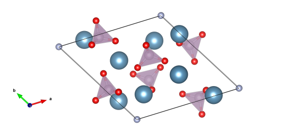 Red atoms are oxygen, light blue calcium, purple are phosphorus and the grey atoms are the fluorine positions. Image generated by the VESTA (Visualisation for Electronic and STructural analysis) software http://jp-minerals.org/vesta/en/