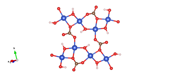 The crystal structure of malachite, blue are copper atoms, red oxygen, brown carbon and pink are hydrogen. Image generated by the VESTA (Visualisation for Electronic and STructural analysis) software http://jp-minerals.org/vesta/en/