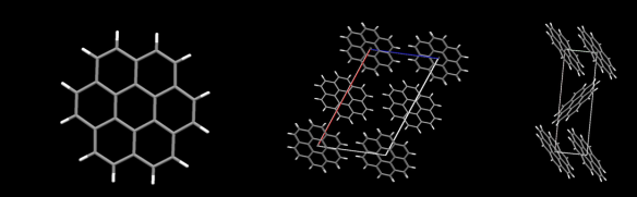 On the left is the coronene molecule, and the images to the right are two views of the 'mineral' structure carpathite. Image generated by the Mercury crystal structure visualisation software http://www.ccdc.cam.ac.uk/Solutions/CSDSystem/Pages/Mercury.aspx