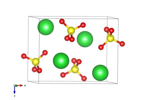 Red atoms are oxygen, yellow sulfur and green are the barium atoms. Image generated by the VESTA (Visualisation for Electronic and STructural analysis) software http://jp-minerals.org/vesta/en/