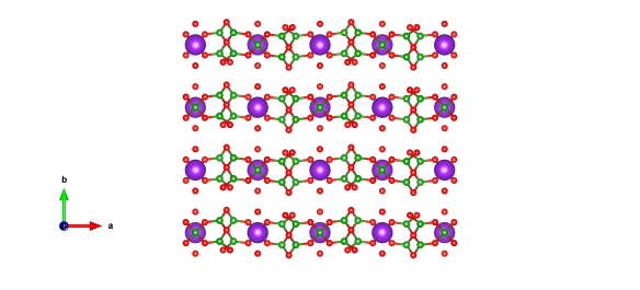 Purple atoms (potassium) interwoven with borate (green boron and red oxygen) chains. The empty hydrate, ice VXI. Image generated by the VESTA (Visualisation for Electronic and STructural analysis) software http://jp-minerals.org/vesta/en/