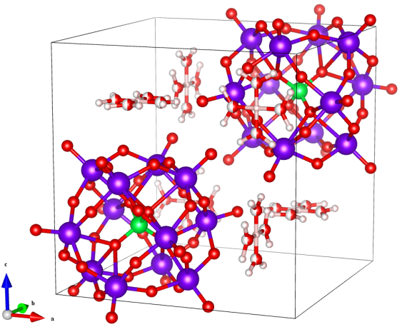  Dodecatungstophosphoric acid hexahydrate. Phosphorus atoms are shown in green, tungsten in purple, oxygen in red, and hydrogen in pink. Image generated using the VESTA (Visualisation for Electronic and STructual Analysis) software http://jp-minerals.org/vesta/en/