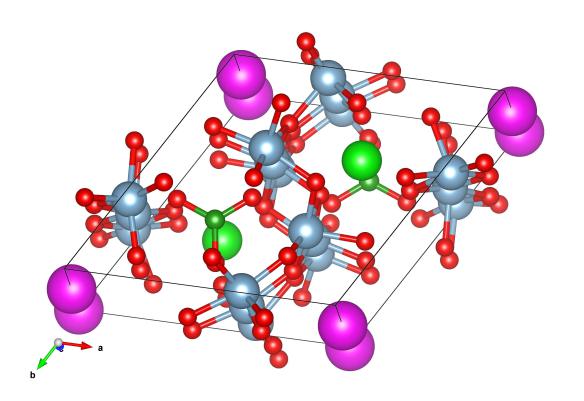The crystal structure of Painite. Here the calcium atoms are purple, aluminum are light blue, green for zircon and dark green for boron with the red atoms representing oxygen. Image generated by the VESTA (Visualisation for Electronic and STructural Analysis) software http://jp-minerals.org/vesta/en/