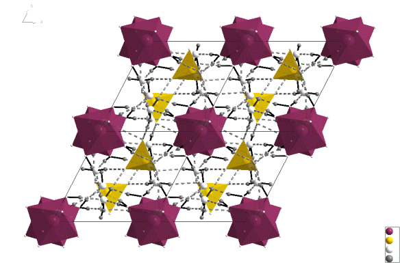 The structure of Meridianiite at 250 K. This image was created using the diamond visualisation software. Mg is pinky-red, S is yellow, O is white and hydrogen (technically deuterium), is grey. 