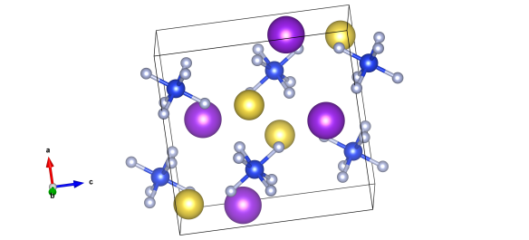 The crystal structure of Heklaite - the dark blue atoms are silicon, and the light blue and the fluorine bonded to them. Then there are also potassium (purple atoms) and sodium (yellow atoms) in this crystal structure. Image generated by the VESTA (Visualisation for Electronic and STructural analysis) software http://jp-minerals.org/vesta/en/