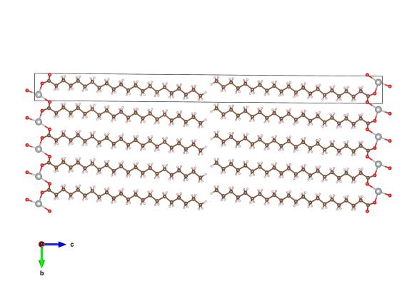 Carbon atoms are brown, oxygen red, hydrogen pink and silver are, well, silver atoms here! Image generated by the VESTA (Visualisation for Electronic and STructual analysis) software http://jp-minerals.org/vesta/en/