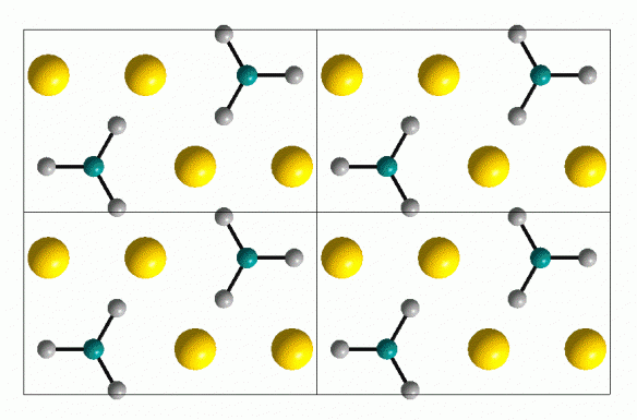 The aragonite structure, CaCO3. Ca is yellow, C is green and oxygen is grey. This picture was made using the diamond crystal structure visualisation software package.