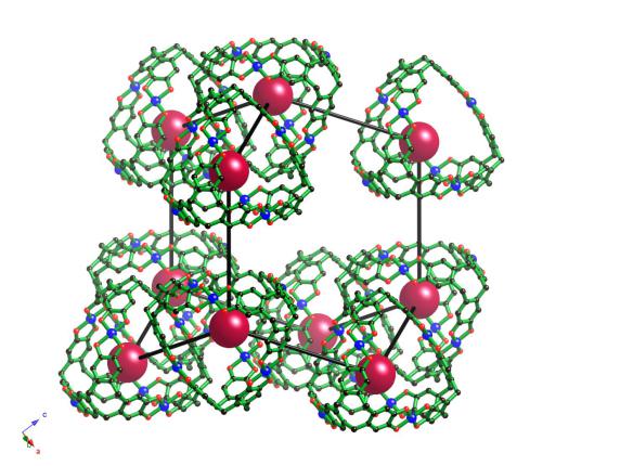 Figure 2. The arrangement of [Cu6(ctc)4]12- tetrahedra of the crystal structure of (NMePent3)6Na8[Cu6(ctc)4]I2.solvate. Maroon spheres represent the centroids of the tetrahedra which are arranged in adamantine (diamond) type units. Hydrogen atoms, disordered solvent and counter ions have been omitted for clarity. Colour code: O red; C back; Cu blue.