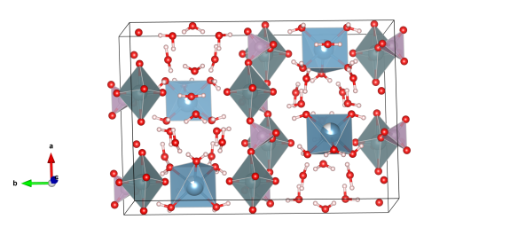 The grey atoms are uranium, the lilac are phosphorous atoms, the light blue are calcium atoms and the red are oxygen. Image generated by the VESTA (Visualisation for Electronic and STructual analysis) software http://jp-minerals.org/vesta/en/