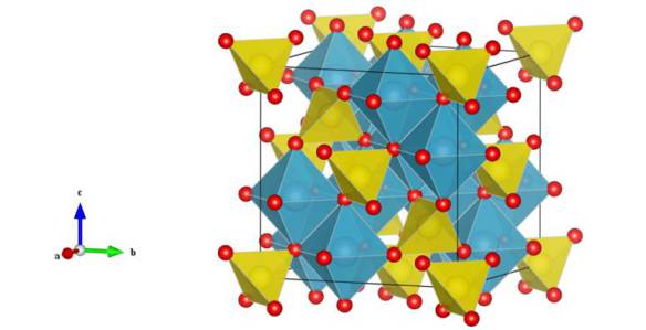 Figure 1: Crystal structure of MgAl2O4. The Mg atoms sit within the yellow tetrahedra and the Al atoms sit within the blue octahedra. Image generated by the VESTA (Visualisation for Electronic and STructual analysis) software.