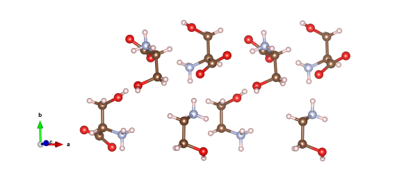 Here the red atoms are oxygen, the pink hydrogen, light blue nitrogen and the brown atoms are the carbon atoms. Image generated by the VESTA (Visualisation for Electronic and STructual analysis) software http://jp-minerals.org/vesta/en/