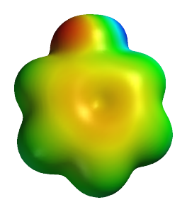 Neutral phenol substructure "shape". An image of a computed electrostatic surface of neutral phenol, showing neutral regions in green, electronegative areas in orange-red, and the electropositive phenolic proton in blue.