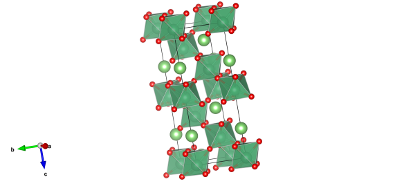 The crystal structure of lithium niobate, the light green atoms are lithium, dark green niobium which bond with the red oxygen atoms. Image generated by the VESTA (Visualisation for Electronic and STructual Analysis) software http://jp-minerals.org/vesta/en/