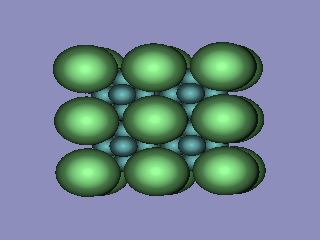 Four unit cells of LaB6, with atoms drawn according to their atomic radius. Created with DRAWxtl and Povray