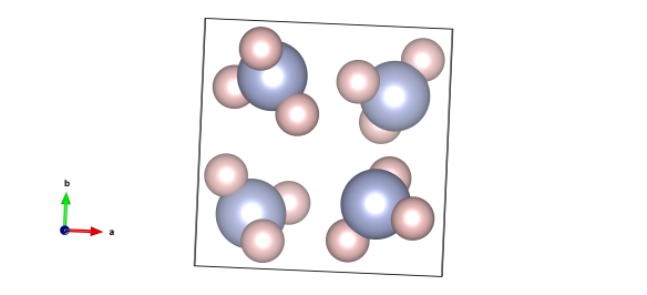 The crystal structure of frozen ammonia. The light blue atoms are nitrogen and the pink ones are hydrogen. Image generated by the VESTA (Visualisation for Electronic and STructual Analysis) software http://jp-minerals.org/vesta/en/