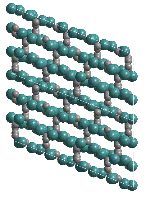 a visualisation of the first structure determination for hematite by Puling in 1925. The green atoms are Iron and the grey oxygen. It was drawn using the Diamond Visualisation software.