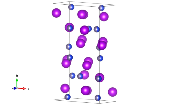 In the diagram above, the purple atoms are the gadolinium and the grey/ blue atoms are mixed sites: germanium and silicon are randomly mixed 50/50. Image generated by the VESTA (Visualisation for Electronic and STructual analysis) software http://jp-minerals.org/vesta/en/