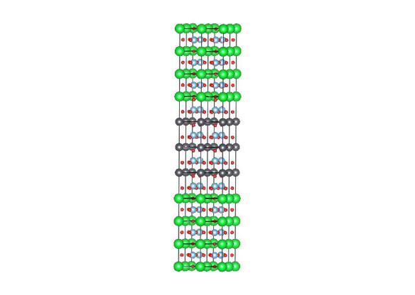 This structure consists of four unit cells of SrTiO<sub>3/sub> alternated with three unit cells of PbTiO<sub>3</sub>. The Sr atoms are green, Pb atoms are grey, Ti atoms are blue, and O atoms are red. Image generated by the VESTA (Visualisation for Electronic and STructual analysis) software http://jp-minerals.org/vesta/en/