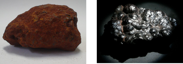 The two commonly recognised morphologies and colours of hematite. Credit: Wikipedia. 