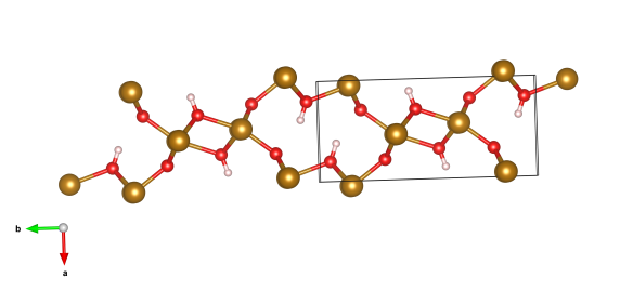 The crystal structure of goethite. The gold atoms are iron, red oxygen and pink are hydrogen. Image generated by the VESTA (Visualisation for Electronic and STructual Analysis) software http://jp-minerals.org/vesta/en/