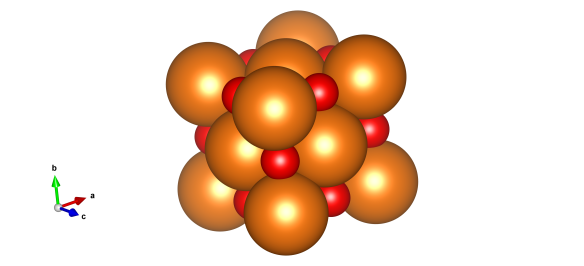 Magnesium oxide, the orange atoms are magnesium and red are oxygen. . Image generated by the VESTA (Visualisation for Electronic and STructual Analysis) software http://jp-minerals.org/vesta/en/